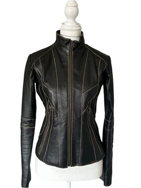 Y2K “Selections” Dark Brown Leather Moto Style Zip-up Jacket